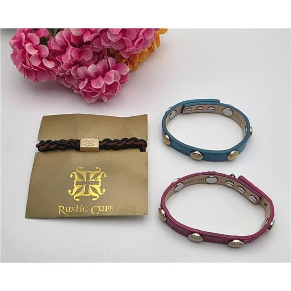 Rustic Bracelet 3-Piece Lot Leather Cuffs Pink & Blue + Brown Braided Stretch